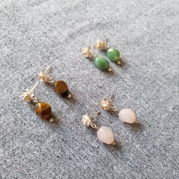 Set of three gemstone Sterling Silver earrings, rose quartz, tiger eye, agate - Picture 2 of 2